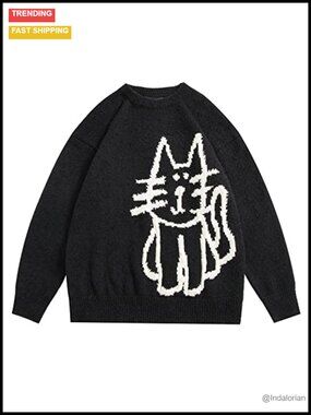 Oversized Cat Print Pullover Sweater Fall Winter Long Sleeve Crew Neck